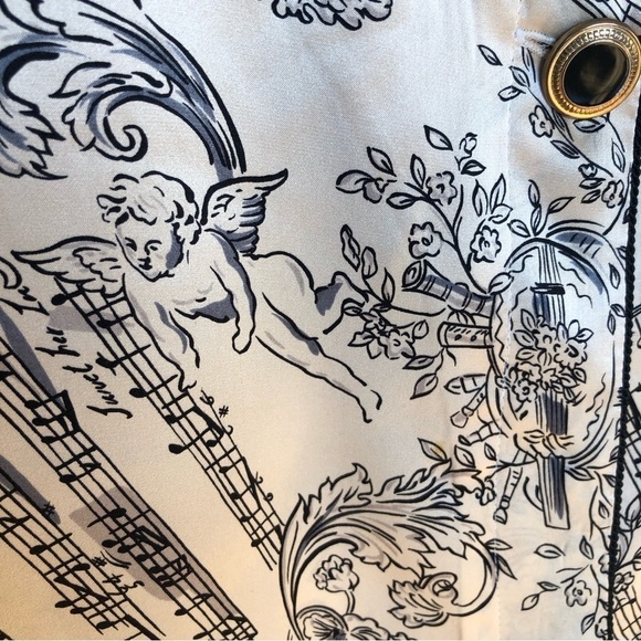 VINTAGE blush black pure silk,cherubs angel musical print long sleeve blouse 12 - Picture 6 of 11